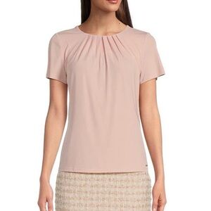 Calvin Klein Pleated Neck Short‎ Sleeve Blouse Medium Pink Stretch Career Dressy